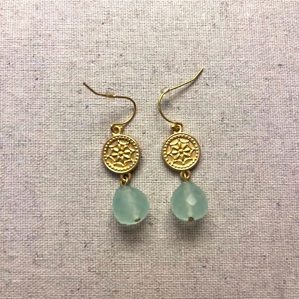 Gold and Green Medallion Stone Teardrop Earrings - Picture 1 of 4